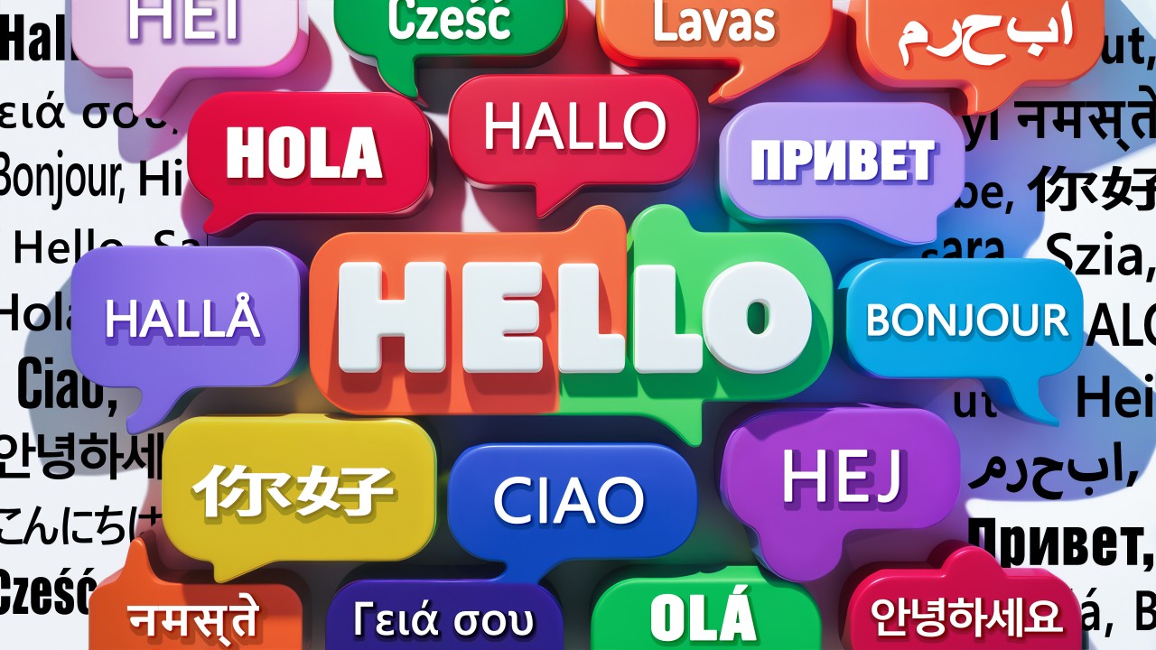 Colorful speech bubbles displaying 'Hello' in multiple languages, showcasing global diversity and communication. Multilingual Greetings Concept 